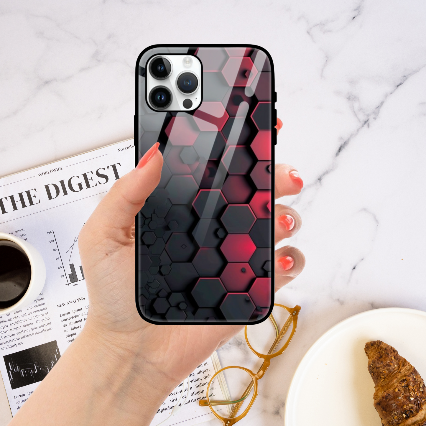 Sleek Hexagonal Red & Black Glass Phone Case – Modern Design with Ultimate Protection