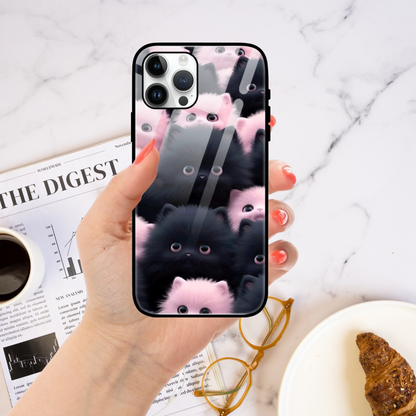 Cute Pink & Black Cat Glass Phone Case – Stylish Protection for Cat Lovers