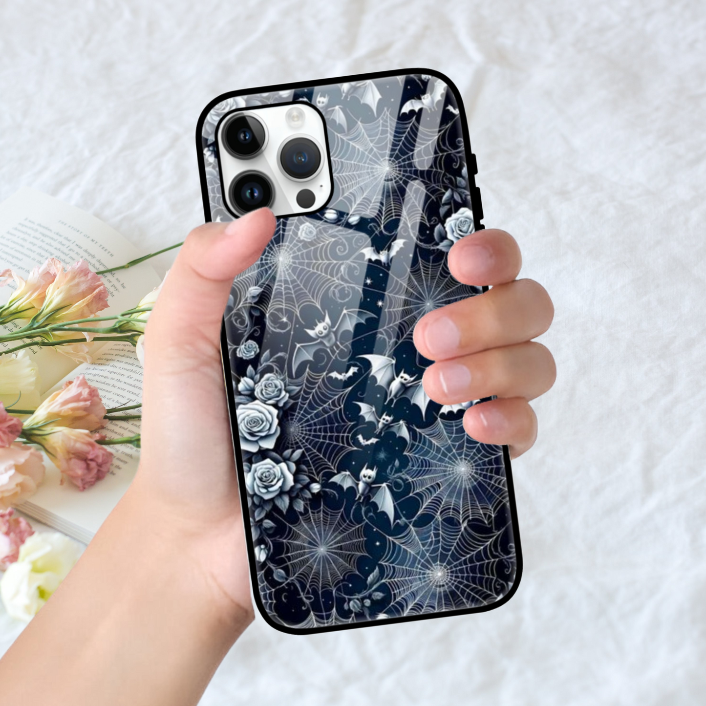 Gothic Elegance Phone Case – Roses, Webs & Bats Design